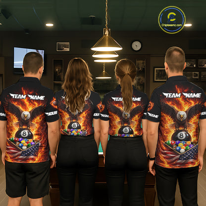 Fire Flame Eagle US Flag Pool Ball 3D Billiard Shirt For Men Personalized 8 Ball Billiard Attire NYN2587