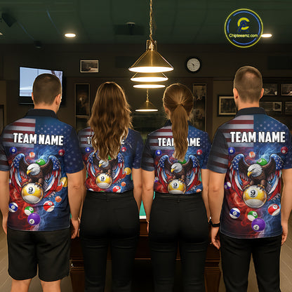 Blue & Red Flames Eagle 8 Ball 9 Ball Pool Billiard Shirt For Men Custom US Flag Billiard Jersey NYN3050