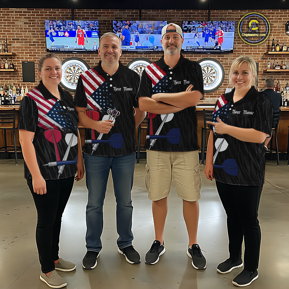 Custom American Flag Dart Shirts For Men Dart Board Shirts Polo & 1/4 Zip Dart Jersey Team NNT126
