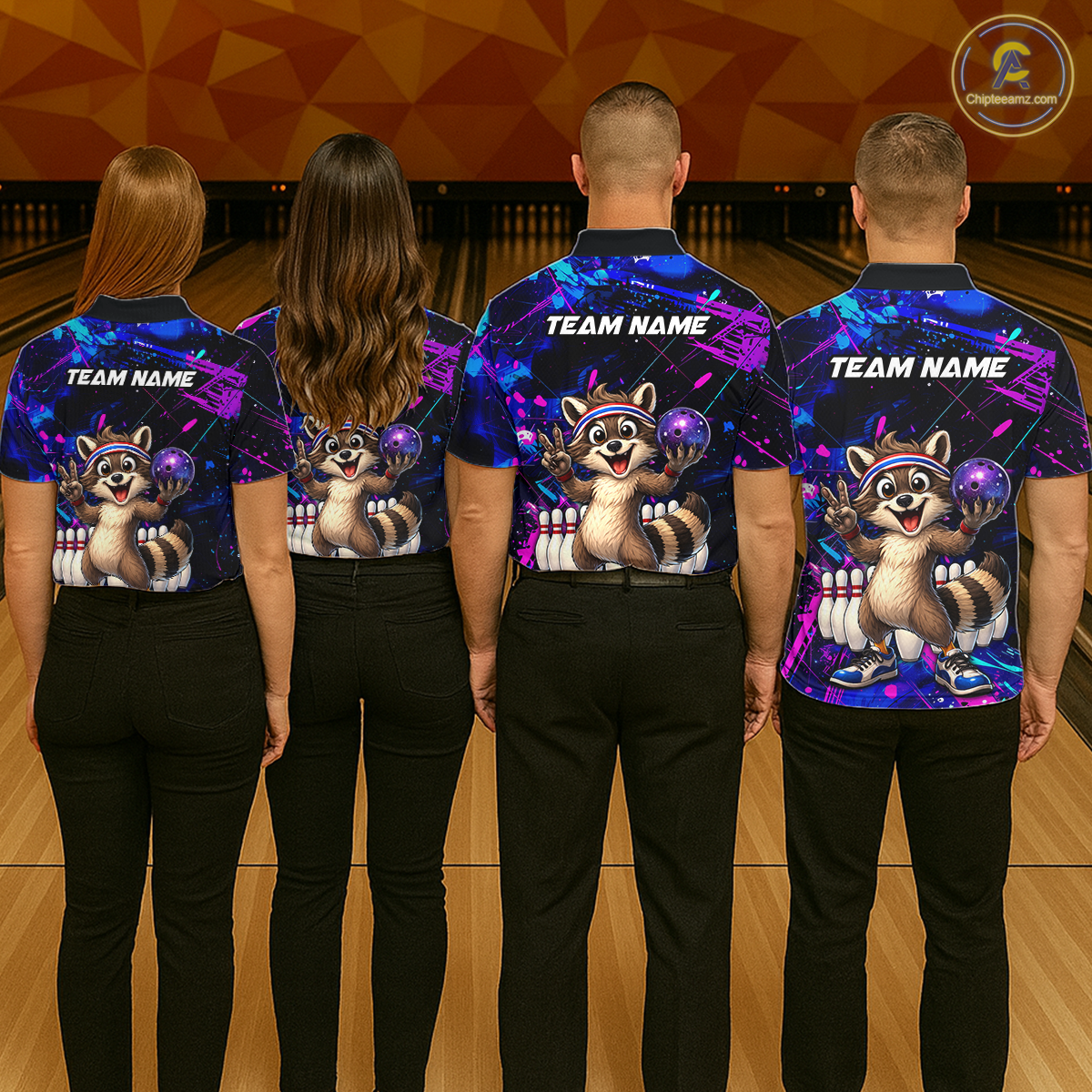 Custom Neon Funny Raccoon Bowling Team Jersey for Men Bowling Shirt Bowling Tournament Polo & 1/4-Zip QZT957