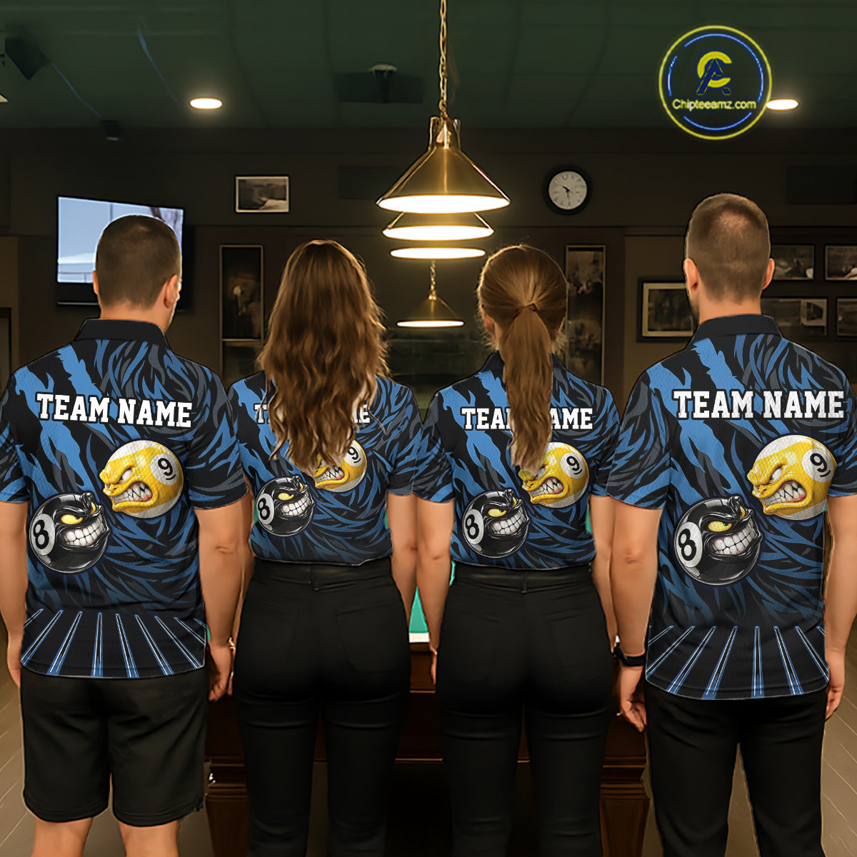Funny 8 Ball & 9 Ball Billiard Polo & 1/4 Zip For Men Custom Pool Cue Pattern Billiard Jerseys |Blue NYN3018