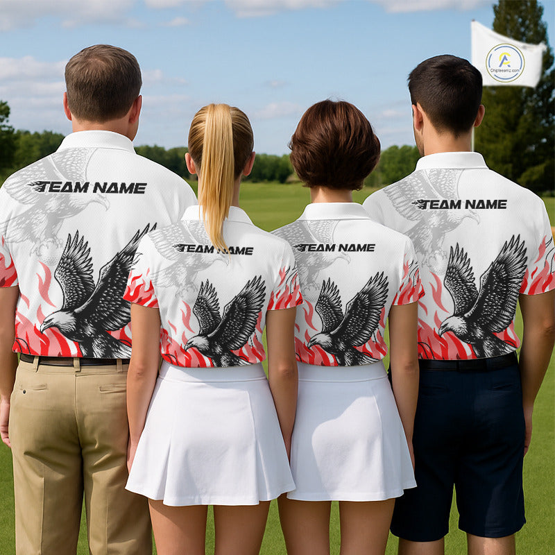 Mens Golf Polo Shirt Custom Eagle Red Flame Team Golf Tops, White Golf Outfit For Men NHN0070