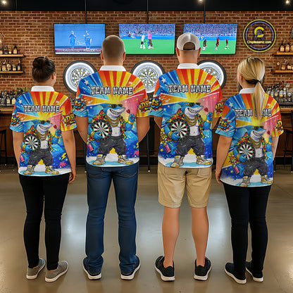 Funny Rich Cool Shark Hold Dartboard Men Darts Polo Shirt Custom Pop Art Dart League Shirt NYN2646
