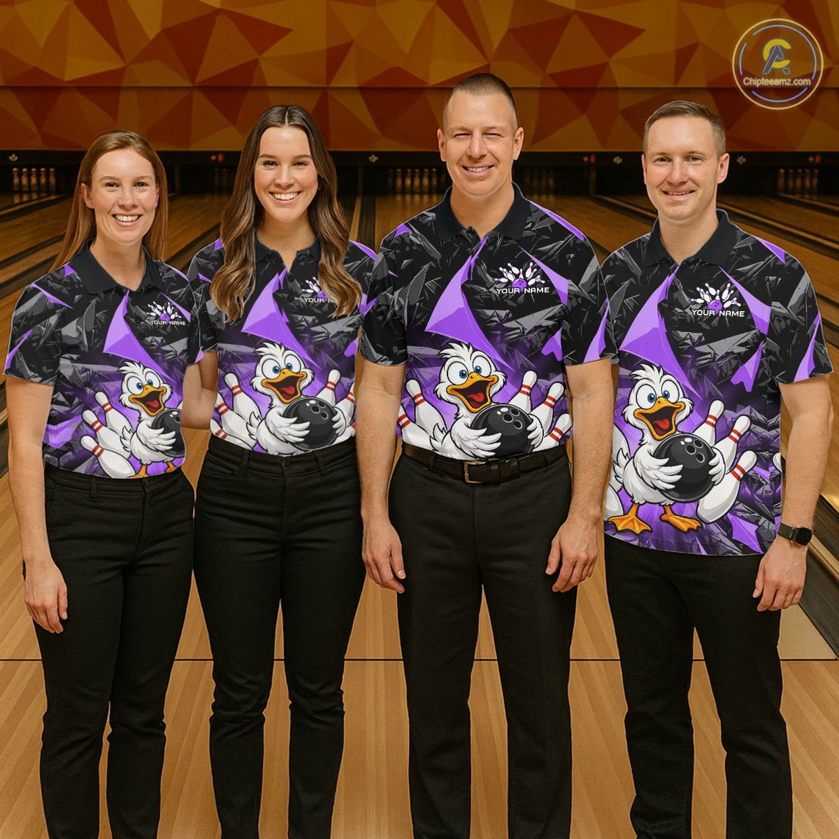 Custom Purple Funny Duck Bowling Jersey for Men Bowling League Bowling Team Shirts Polo & 1/4 Zip HN233