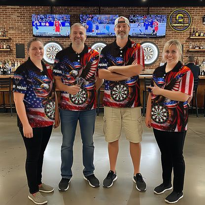 Custom US Flag Funny Eagle Dartboard Darts Men Polo & 1/4-Zip Shirts Patriotic Dart Team Jerseys NYN2805