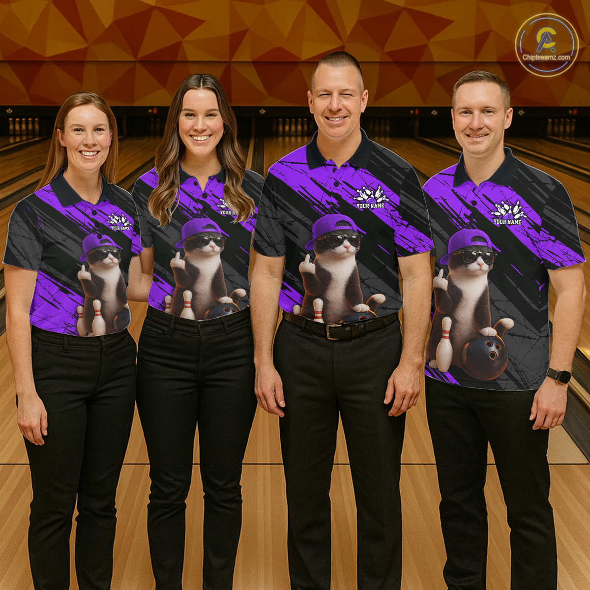 Custom Funny Cat Purple Bowling Jersey for Men Bowling Polo & 1/4 Zip Bowling Team Shirts HNT198