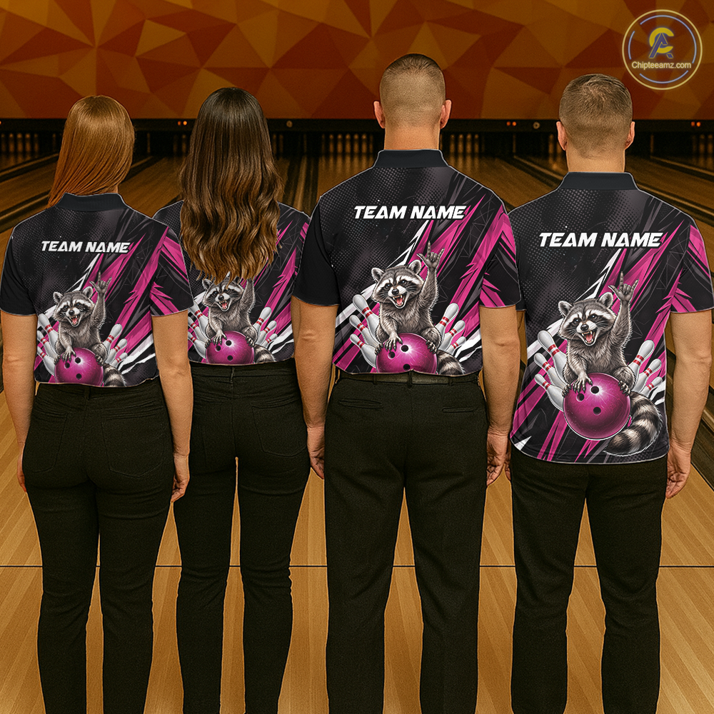 Custom Pink Raccoon Bowling Jersey for Women Bowling Team Shirts Bowling Polo & 1/4 Zip HNT254