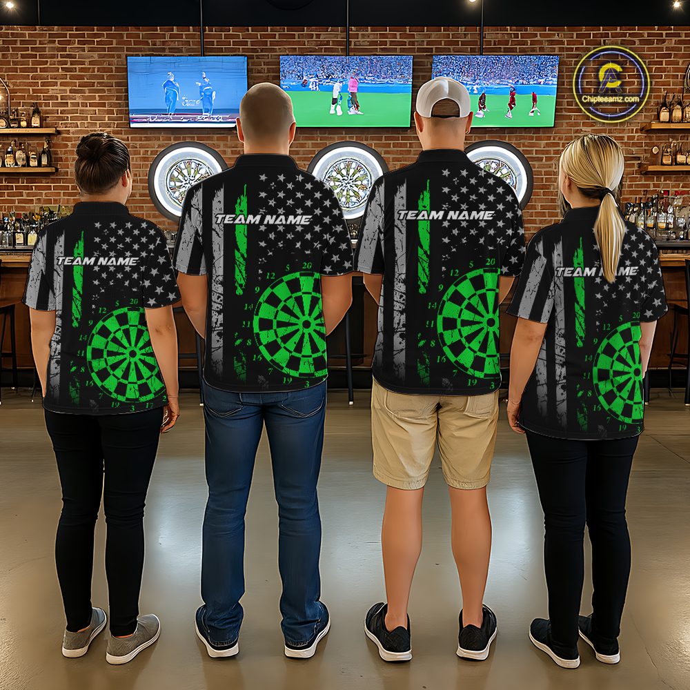 Custom Green US Flag Darts Shirt for Men Darts Team Jerseys Dart Tournament Polo & 1/4 Zip NNT116