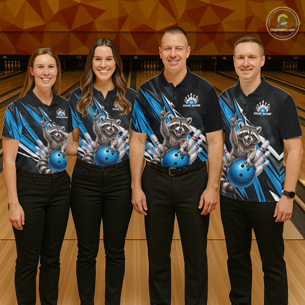 Custom Turquoise Raccoon Bowling Jersey for Men Bowling Team Shirts Bowling Polo & 1/4 Zip HNT254