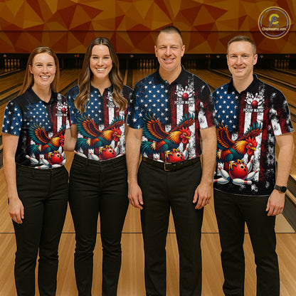 Custom Rooster US Flag Bowling Jersey for Men Bowling Team Shirts Bowling Polo & 1/4 Zip HNT259