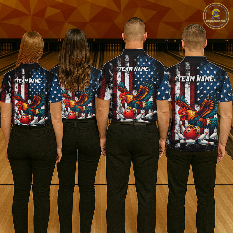 Custom Rooster US Flag Bowling Jersey for Men Bowling Team Shirts Bowling Polo & 1/4 Zip HNT259