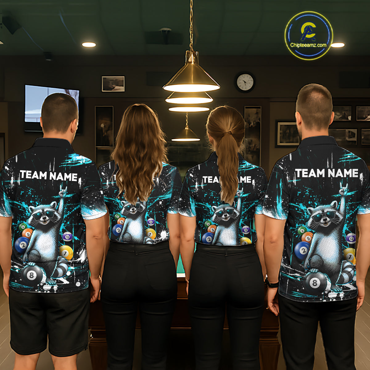 Custom Turquoise Funny Raccoon Billiard Shirt for Women 8 Ball Pool Billiard Jersey Polo & 1/4-Zip BHT5