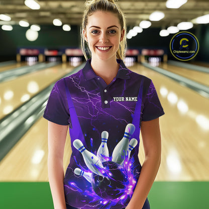 Purple Thunder Lightning Custom Ladies Bowling Shirts, Flame Bowling Jerseys With Team Name IPHW7161
