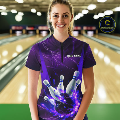 Purple Thunder Lightning Custom Ladies Bowling Shirts, Flame Bowling Jerseys With Team Name IPHW7161