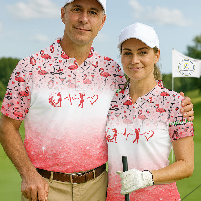 Red Flamingo Heart Theme Matching Golf Polos For Couple Custom Couple Valentines Outfit NHN0145
