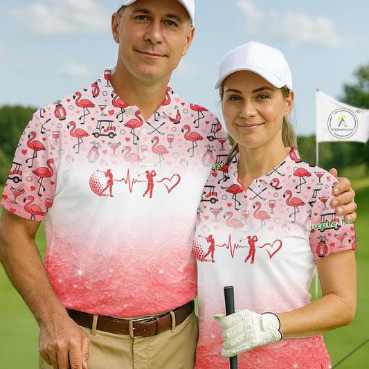 Red Flamingo Heart Theme Matching Golf Polo Shirt For Couple Custom Couple Valentines Outfit NHN0145