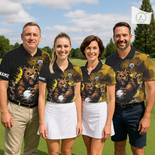 Load image into Gallery viewer, Womens Golf Polo Shirts Custom Yellow And Black Grunge Pattern With Bear Grasping Golf Ball NHN0063