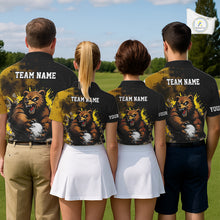 Load image into Gallery viewer, Womens Golf Polo Shirts Custom Yellow And Black Grunge Pattern With Bear Grasping Golf Ball NHN0063