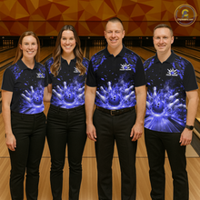 Load image into Gallery viewer, Custom Blue Flame Bowling Team Shirt for Men Polo &amp; 1/4-Zip Bowling Jersey Bowling League Uniform QZT866