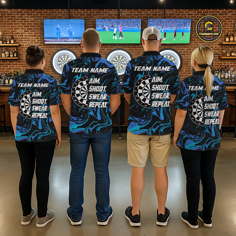 Turquoise-Blue Pattern Aim Shoot Swear Repeat Darts Team Jerseys Dart Shirts For Women NNT168