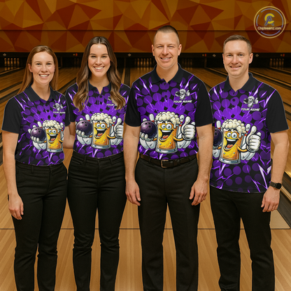 Custom Purple Funny Beer Bowling Jersey for Women Bowling Team Shirts Polo & 1/4 Zip HNT187