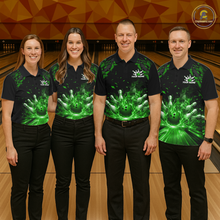 Load image into Gallery viewer, Custom Green Flame Bowling Team Shirt for Women Polo &amp; 1/4-Zip Bowling Jersey Bowling League Uniform QZT866