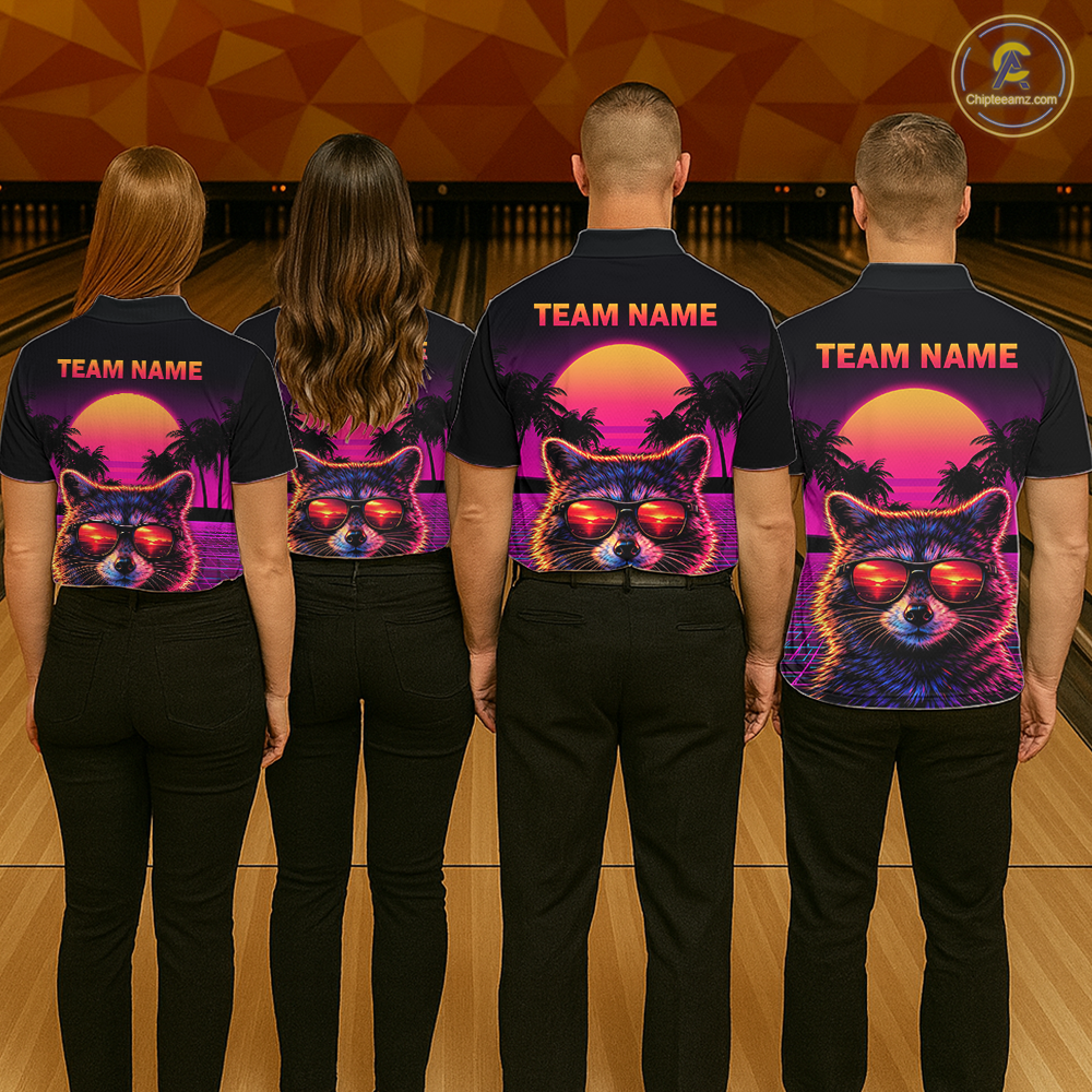 Custom Funny Raccoon Retro Sunset Bowling Jersey for Women Bowling Uniform Bowling Team Shirts HNT280