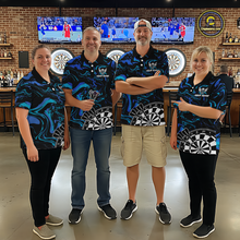 Load image into Gallery viewer, Turquoise-Blue Pattern Aim Shoot Swear Repeat Darts Team Jerseys Dart Shirts For Men NNT168