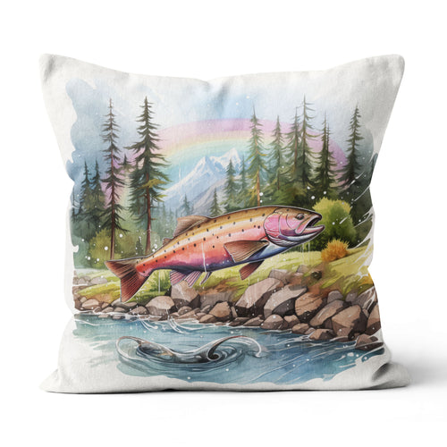 Rainbow Trout Fishing Camp Watercolor Painting Style Printed Pillow, Trout Fishing Lodges Decor IPHW5709