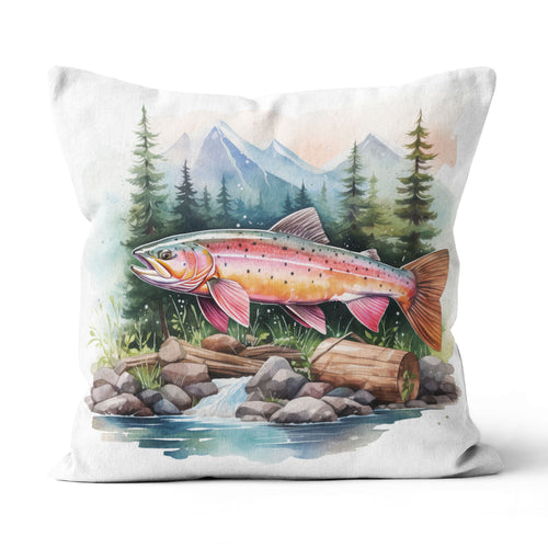 Rainbow Trout Fishing Camp Watercolor Painting Style Printed Pillow, Trout Fishing Cabin Decor IPHW5708