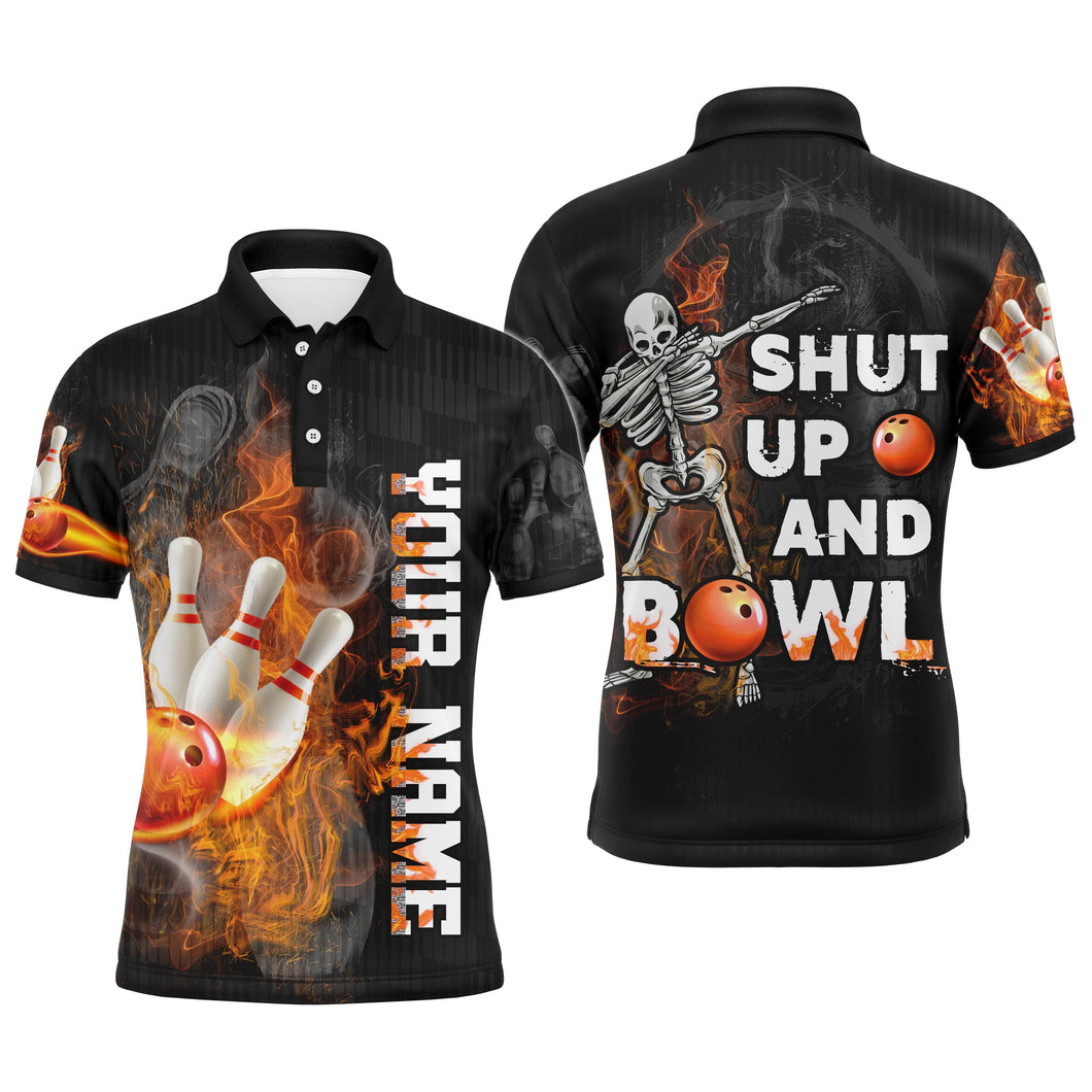 Shut Up and Bowl - Funny Polo Bowling Shirt Men Personalized Flame Skull Bowler Jersey NBP19