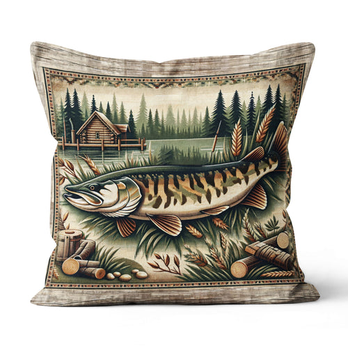 Vintage Musky Fishing Pillow For Fishing Lodges decor, Lake Cabins Fishing Items Fishing Gifts IPHW5694