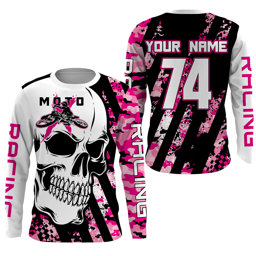 Skull MotoX jersey custom number motocross UPF30+ pink camo dirt bike racing motorcycle racewear NMS949