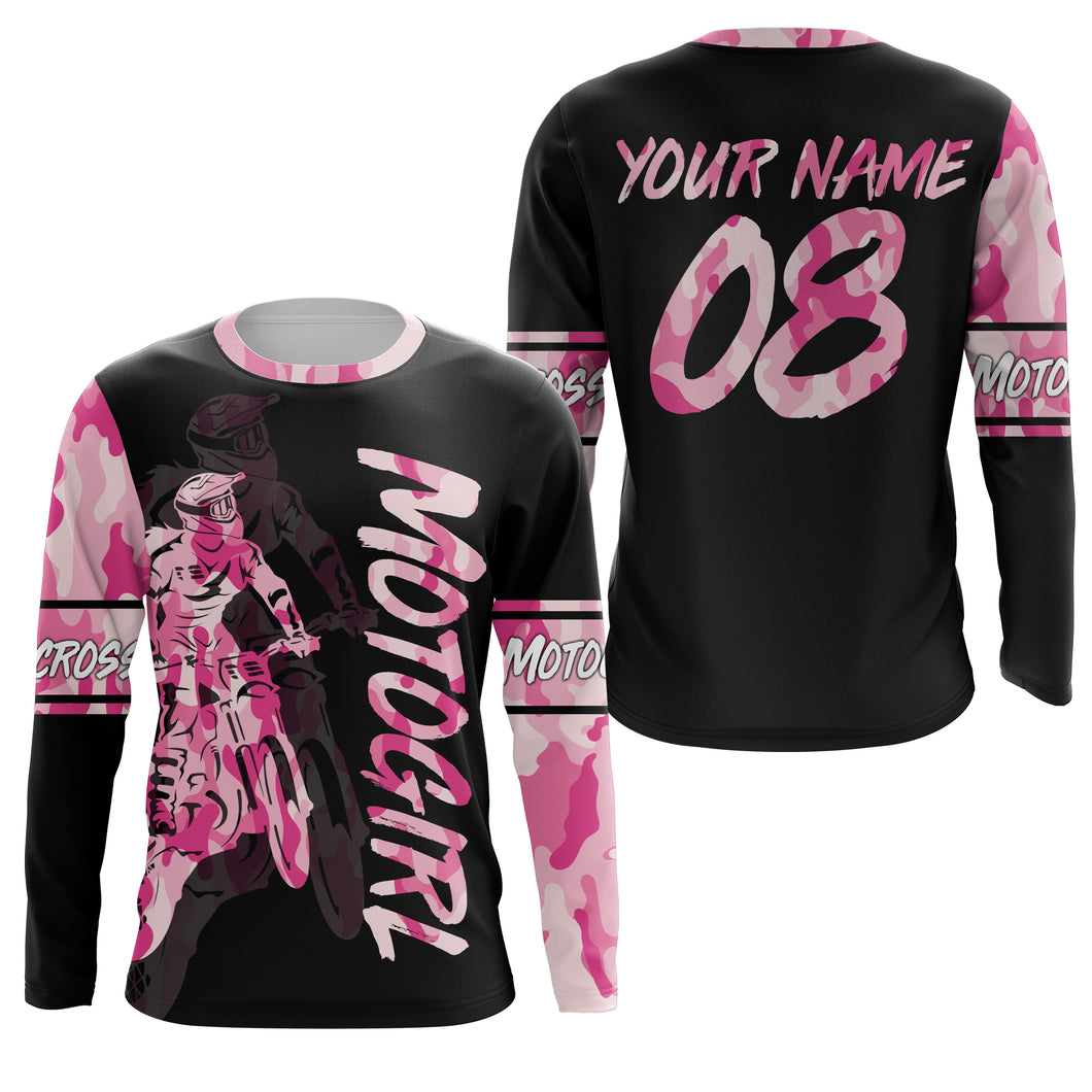 MotoGirl personalized jersey UPF30+ motocross girl pink camo dirt bike riding shirt women bikers NMS1022