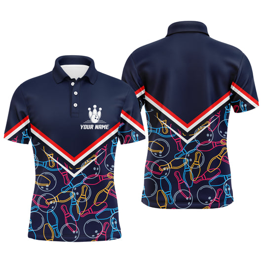 Custom Men Polo Bowling Shirt Navy Blue Bowling Pins and Ball Pattern Short Sleeve Men Bowlers NBP05