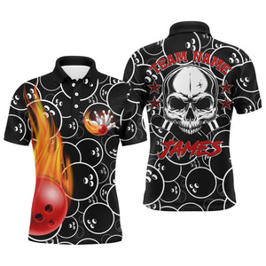 Personalized Men Flame Polo Bowling Shirt Cool Skull Pins Black Bowling Short Sleeve Men Bowlers NBP02