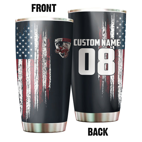 Personalized USA Flag Motocross Tumbler Cup - Riding Gift Biker Patriotic Gift Motorcycle Drinkware CDT17