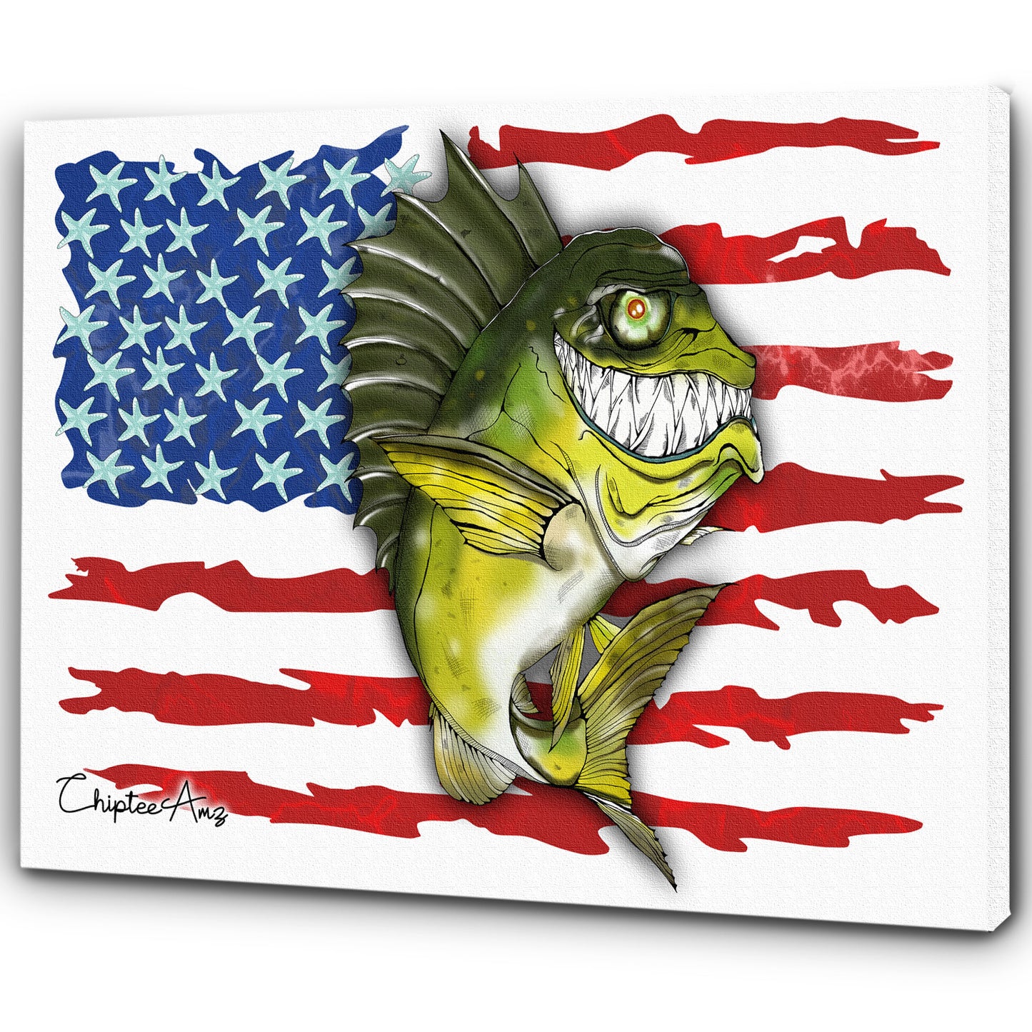 Largemouth Bass fishing art with American flag ChipteeAmz's fish art canvas AT004