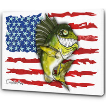 Load image into Gallery viewer, Largemouth Bass fishing art with American flag ChipteeAmz&#39;s fish art canvas AT004