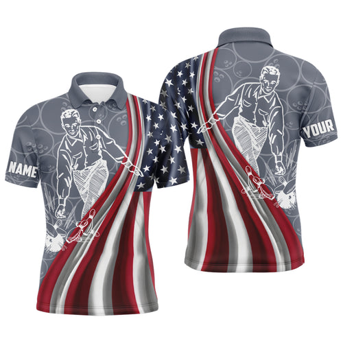 Patriotic Men's Polo Bowling Shirt, American Flag Custom Name Bowlers Jersey Short Sleeve NBP97
