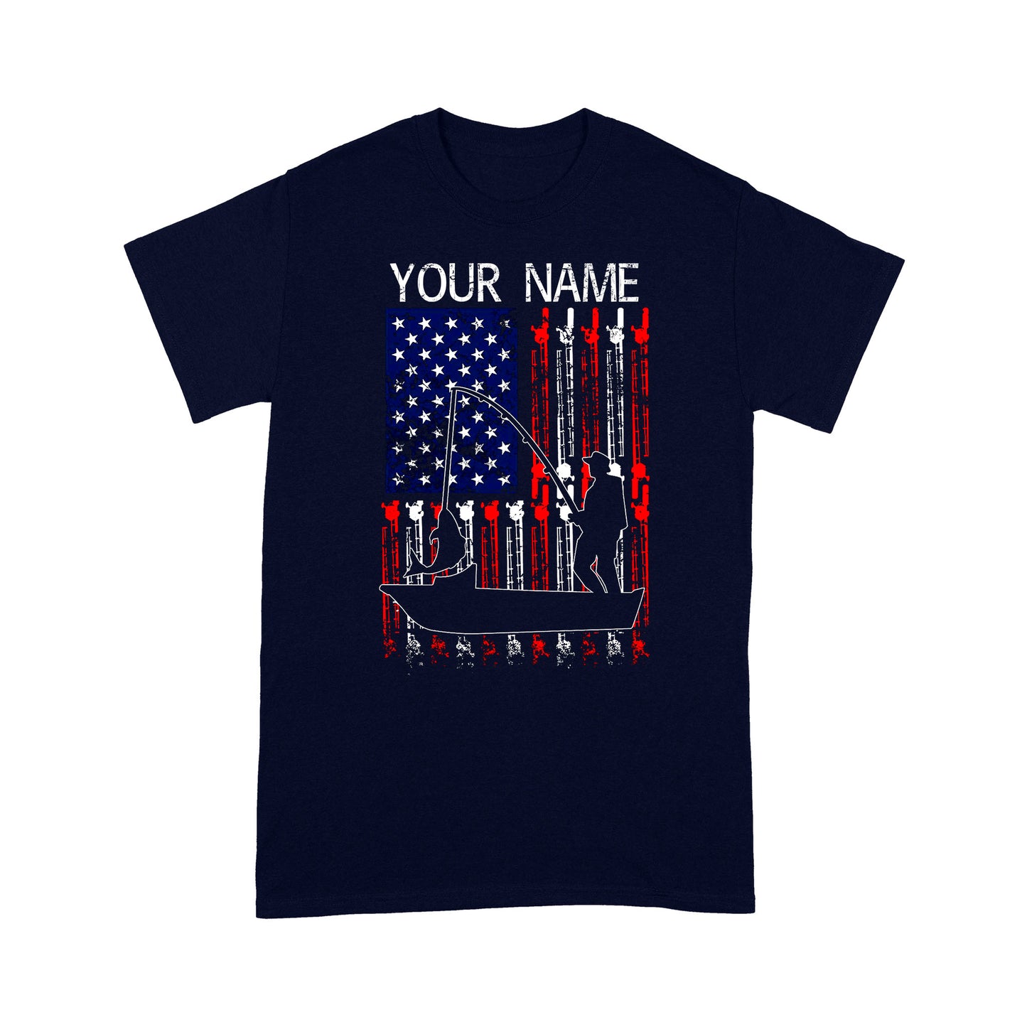 American flag fisherman kayak fishing custom name US fishing rod D05 NQS1244- Standard T-shirt