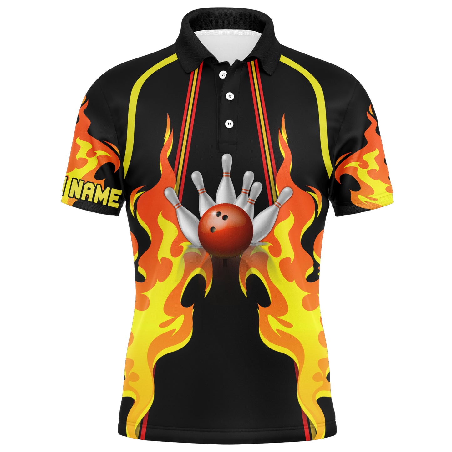 No Pin Left Behind Personalized Men Polo Bowling Shirt, Cool Flame Bowler Jersey NBP26