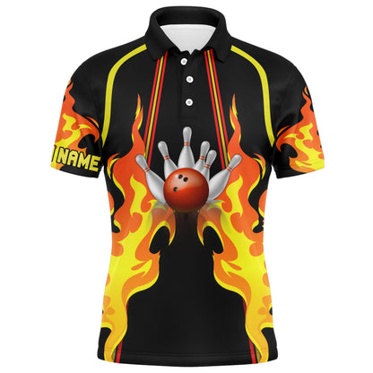 No Pin Left Behind Personalized Men Polo Bowling Shirt, Cool Flame Bowler Jersey NBP26
