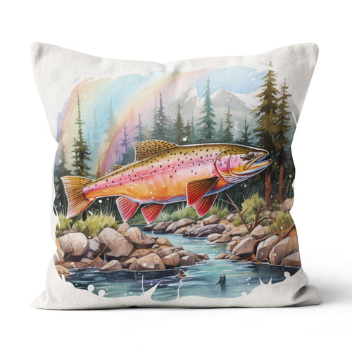 Rainbow Trout Fishing Camp Watercolor Painting Style Printed Pillow, Trout Fishing Lodges Decor IPHW5711