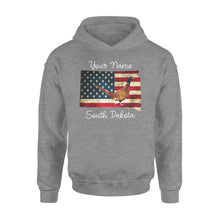 Load image into Gallery viewer, Pheasant hunting shirt South Dakota American Flag bird hunter custom name Hoodie - FSD1162