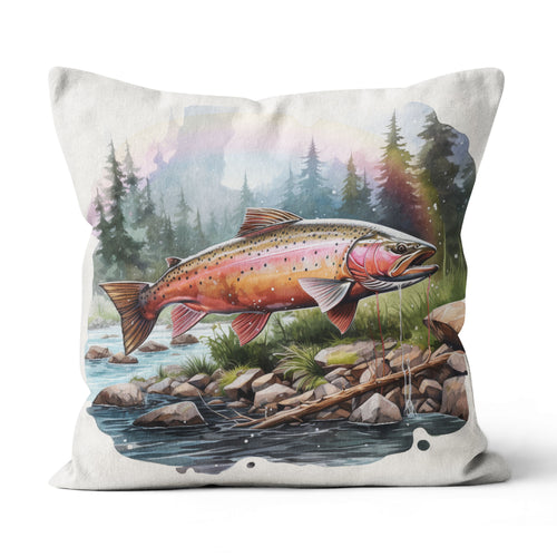Rainbow Trout Fishing Camp Watercolor Painting Style Printed Pillow, Trout Fishing Lodges Decor IPHW5710