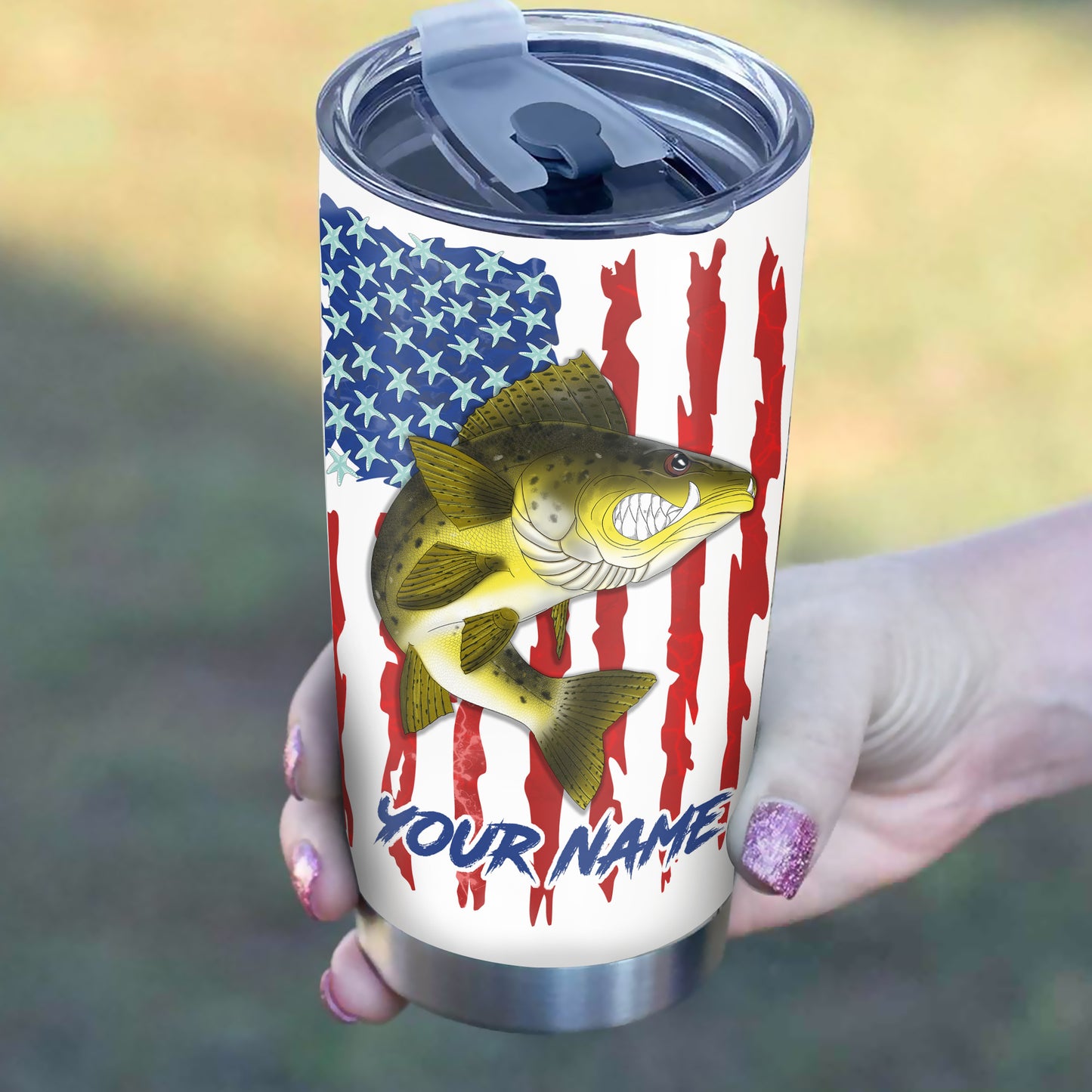 1pc Walleye fishing American flag angry Walleye ChipteeAmz's art Custom Stainless Steel Tumbler Cup AT059
