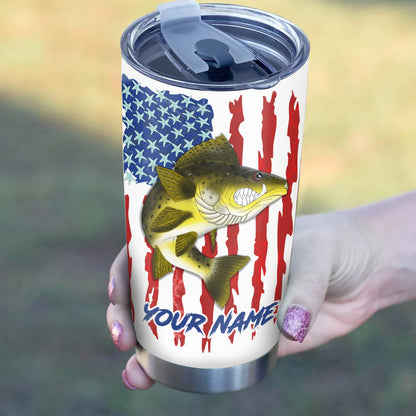 1pc Walleye fishing American flag angry Walleye ChipteeAmz's art Custom Stainless Steel Tumbler Cup AT059