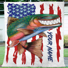 Load image into Gallery viewer, Trout fly fishing American flag funny rainbow trout ChipteeAmz&#39;s art custom name throw fleece blanket AT051