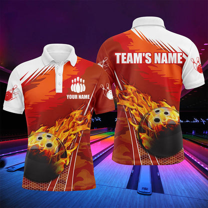 Flame Polo Men's Bowling Shirt, Custom Name Team Bowlers Jersey Short Sleeve NBP96